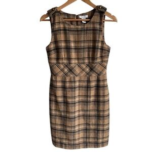 Soft Plaid Sheath Dress Sz 8P Brown Tailored Preppy Cozy Fall Sleeveless EUC